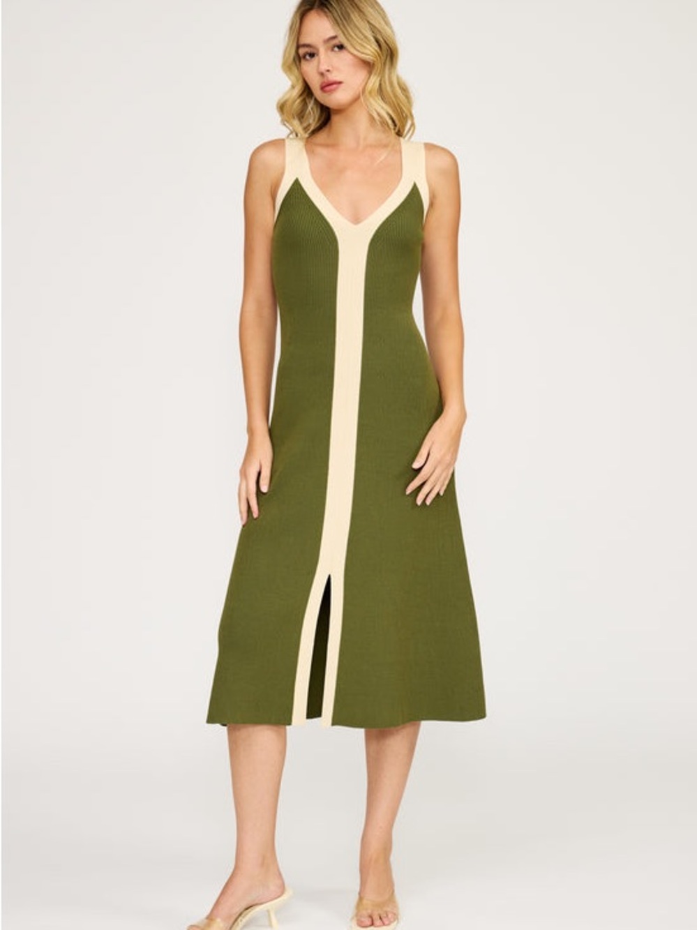 Sandro Olive & Cream V‑Neck Contrast Knit Midi Dress